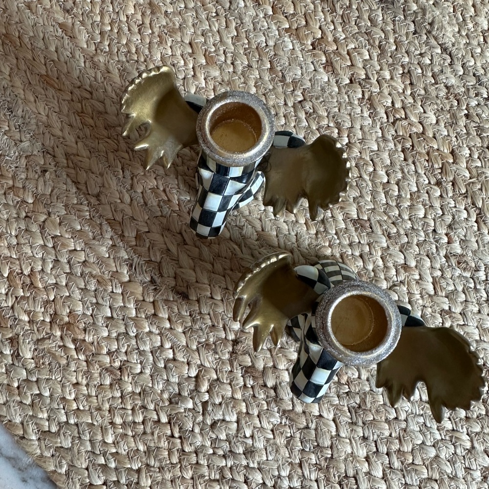 MacKenzie-Childs Black and White Checkered Candle Holders with Gold Wings - Picture 3 of 11